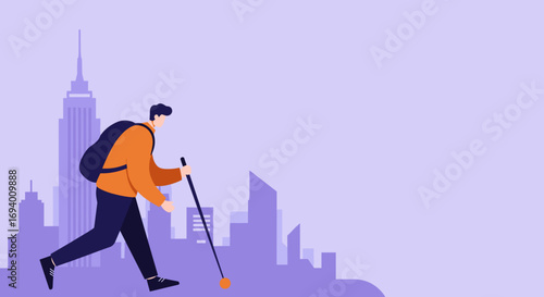 Independent visually impaired man with a backpack navigates a vibrant city street with a white cane. Concepts of urban travel, accessibility, and daily life.
