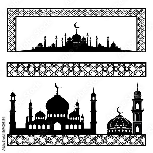 Islamic mosque architecture and decorative borders minarets domes