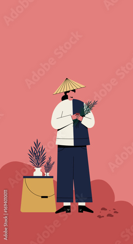 Illustration of a person wearing a conical hat and holding fresh greenery, symbolizing gardening, cultivation, and a connection to nature.