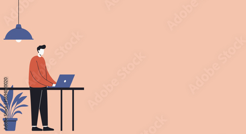 Stylized illustration of a man working remotely on a laptop at a standing desk. Represents modern productivity, business, and flexible workspace concepts.