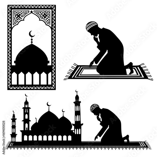Islamic prayer mats with mosque and worshippers silhouettes vector