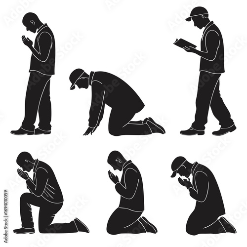 Islamic prayer postures silhouettes men praying reading book muslim