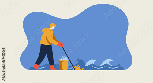Illustration of an individual cleaning debris from the ocean, symbolizing environmental awareness and pollution control efforts.