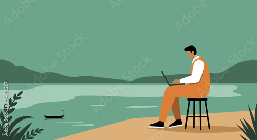 Man works on a laptop by a serene lake with mountains, illustrating remote work, digital nomad lifestyle, and work-life balance in nature.