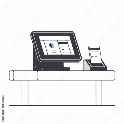 Point of Sale System with Cash Register and Mobile Payment – Vector Illustration