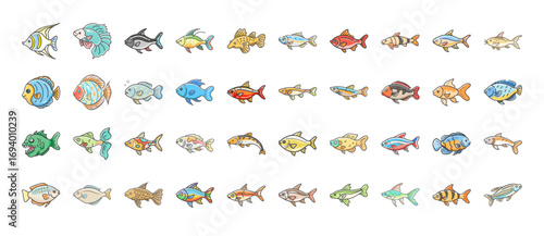 Hand drawn fish icons collection with colorful species - Set of colorful hand drawn fish illustrations featuring various freshwater and tropical species, ideal for ocean, aquarium 