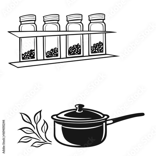 Kitchen spice jars and cooking pot with leaves herbs spices