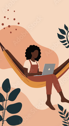 African American woman working on a laptop in a hammock, representing remote work, flexible lifestyle, and digital nomad freedom.