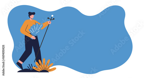 Person on a spiritual pilgrimage holding a staff and scallop shell, symbolizing journey and exploration. Ideal for travel, religion, and personal growth concepts.