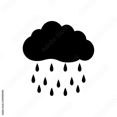 Black cloud with rain falling on transparent background silhouette