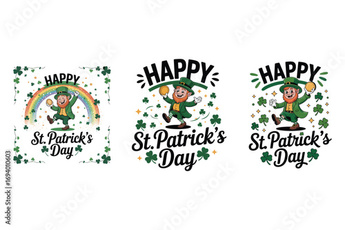 Leprechaun holding gold coin with rainbow and shamrocks