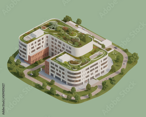 Modern Office Building with Green Roof and Sustainable Design Architecture Rendering Illustration for Eco Friendly Environment Development