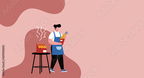Smiling food vendor in an apron preparing and selling warm street food. Ideal for local market, culinary, or small business concepts.