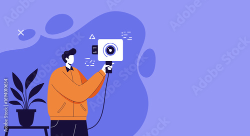 Focused man holds a unique camera-like device, symbolizing content creation, data analysis, or monitoring. Perfect for technology, media, and business concepts.