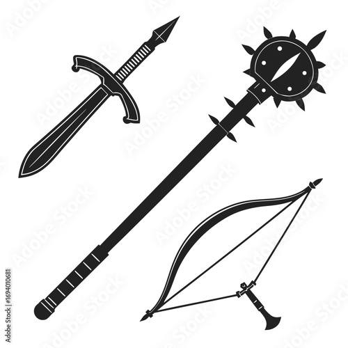 Medieval weapon silhouettes sword mace bow vector