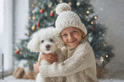 joyful child lovingly embraces fluffy dog wearing festive christmas hat creating heartwarming scene