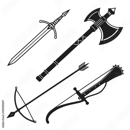 Medieval weapons collection sword axe arrow crossbow vector