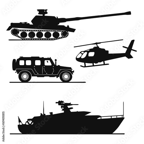 Military vehicles helicopter tank jeep boat vector