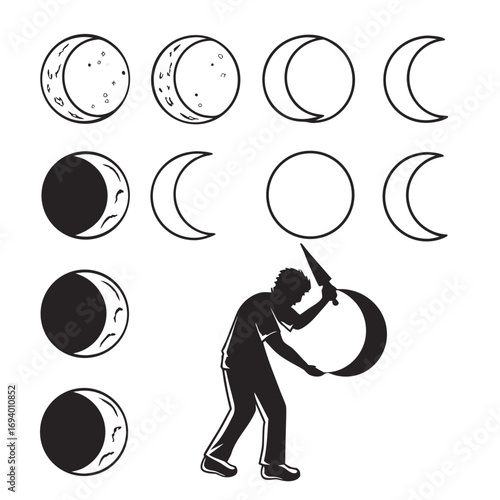 Moon phases and person with crescent moon full moon new moon