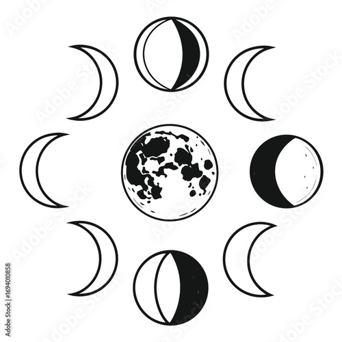 Moon phases celestial icons crescent full moon vector