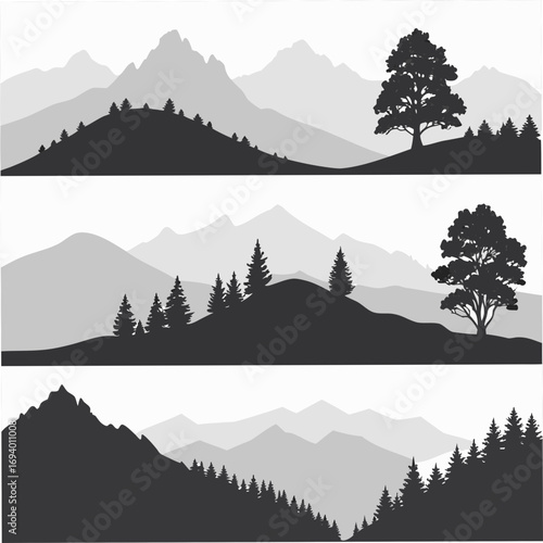 Mountain range and hilltop silhouettes with trees pine trees