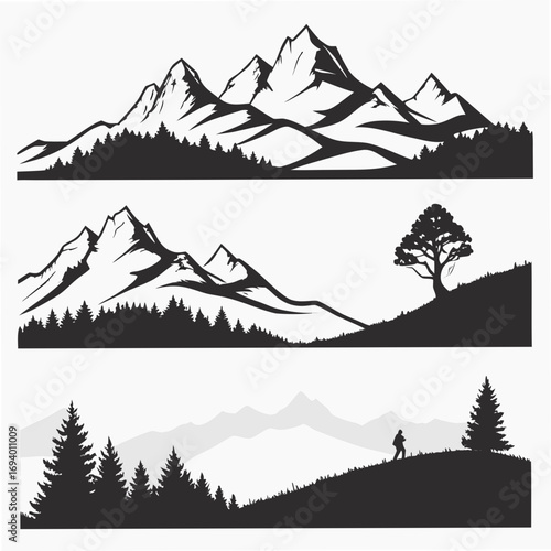 Mountain range and hilltop silhouettes with trees and hiker forest
