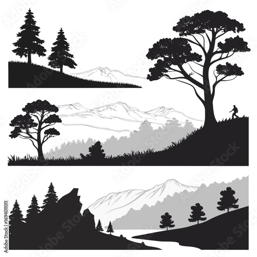 Mountain forest landscape silhouettes with a lone hiker trees