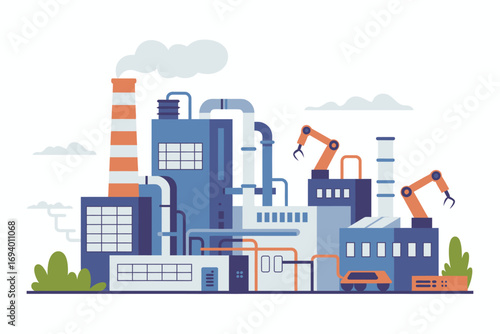 Modern Industrial Factory with Robotic Arms and Emission Control for Sustainable Production and Technological Advancement Concept