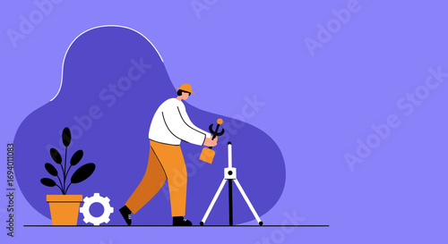 Illustration of a person assembling equipment with tools and a tripod. Depicts concepts of development, construction, maintenance, and technological setup for business or creative projects.