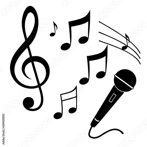 Musical notes and microphone on white background treble clef black