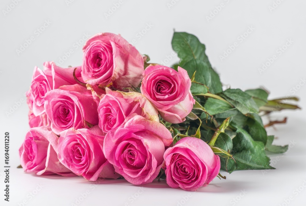 Obraz premium A bouquet of vibrant pink roses with lush green leaves resting on a soft, white surface in a studio setting