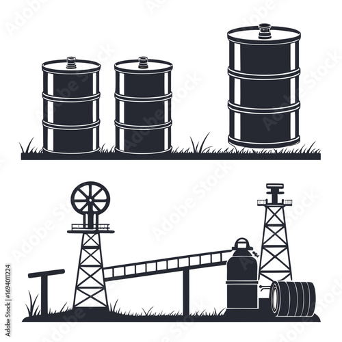 Oil barrels and industrial refinery structures pipeline silhouette