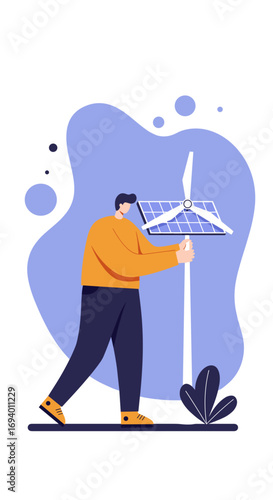 Man holding a hybrid wind turbine and solar panel, symbolizing renewable energy and sustainable future. Ideal for environmental concepts, green technology, and eco-friendly business.