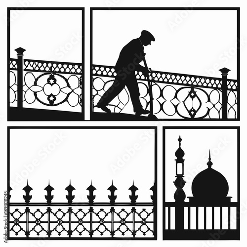 Ornate fence designs and man with broom silhouette black and white