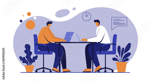 Two professionals collaborate on laptops in a modern office setting, representing teamwork, online communication, and productive business meetings.