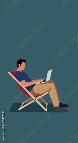Man comfortably working on a laptop in a relaxed setting, illustrating remote work, flexible lifestyle, or digital nomad concept.