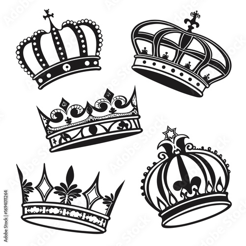 Ornate royal crowns black and white graphic design regal monarchy