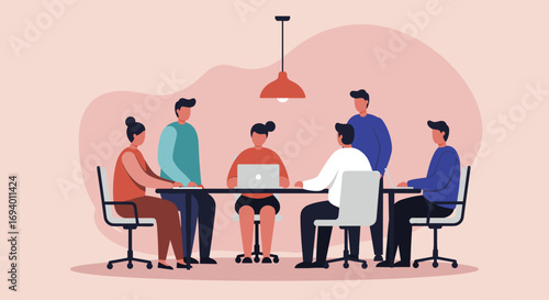 Diverse business professionals collaborate around a table in a modern office setting, engaged in a productive team meeting. Ideal for corporate concepts.