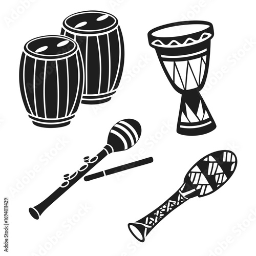 Percussion and wind instruments collection drums bongos