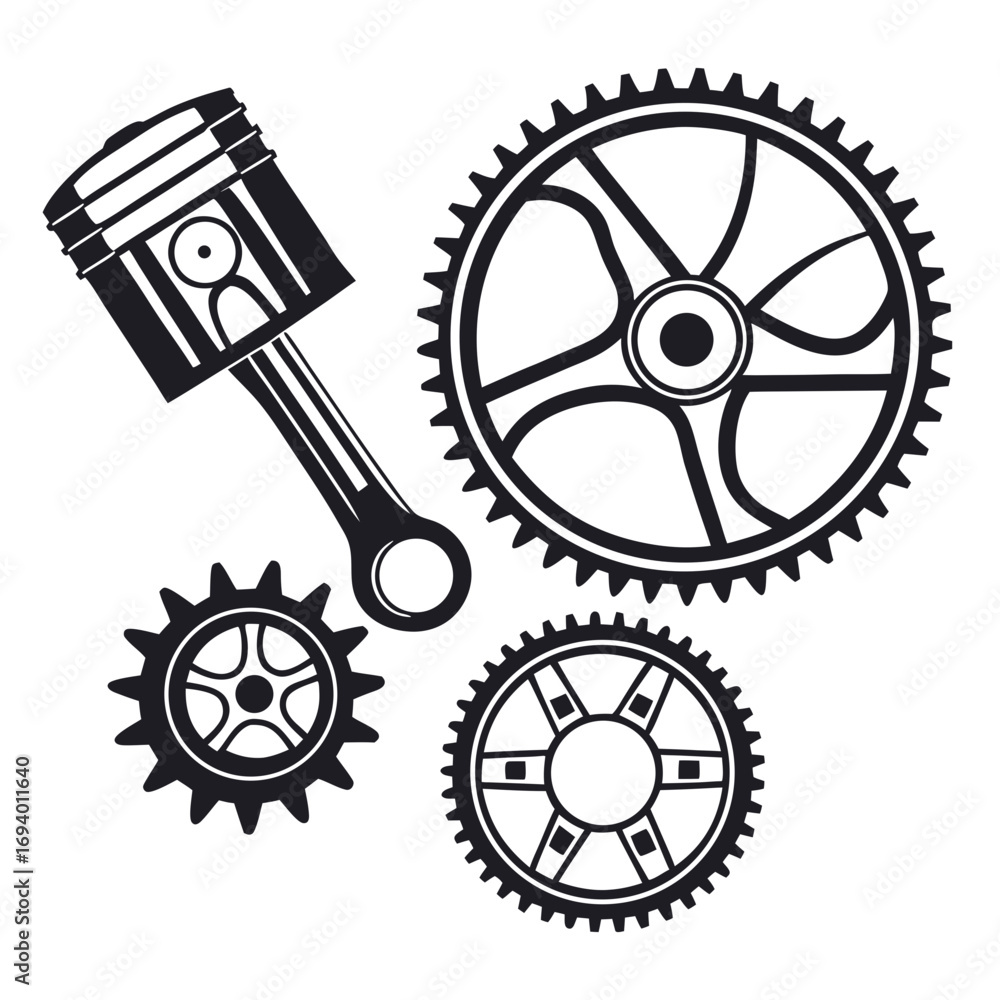 Obraz premium Piston and gears mechanical components industrial gears mechanical parts