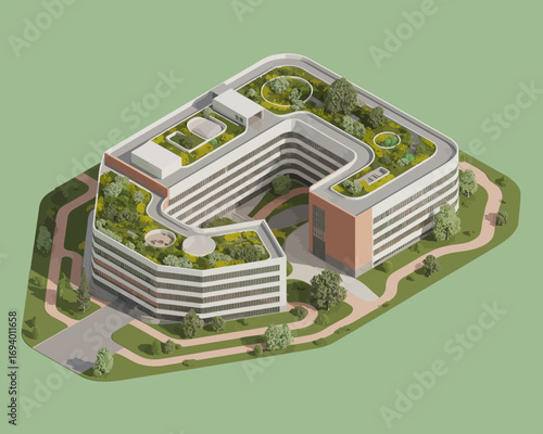 Modern Ushaped Building with Green Roof Gardens and Landscaped Surroundings in Isometric View for Sustainable Architecture Design