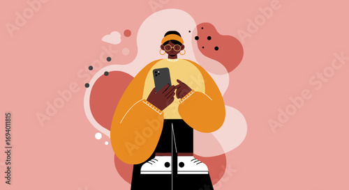 An illustration of a young person engaging with a smartphone, representing digital communication, social media, and modern online lifestyle. Ideal for technology or lifestyle content.