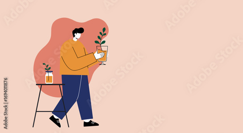Stylish man walking with a small plant in a glass, symbolizing growth, sustainability, and indoor nature. Ideal for wellness, home, or eco-friendly lifestyle concepts.