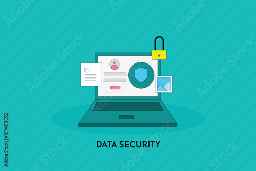 Vector illustration of Data security system, Data protected through password authentication preventing data breach and cyber attack.