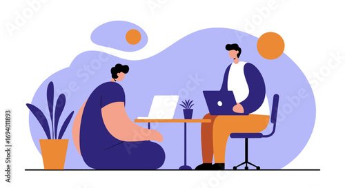 Two men collaborating and working remotely on laptops in a modern, casual setting. Represents teamwork, productivity, and flexible work environments.