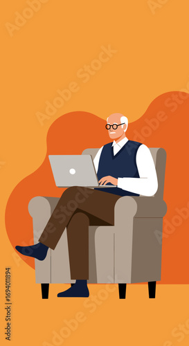 Senior man focused on his laptop while relaxing in an armchair, showcasing modern digital engagement, remote work, or online learning for older adults.