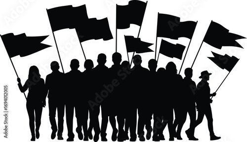 Silhouette of diverse protest group holding multiple flags while marching together — vector illustration for activism, revolution, demonstration, unity, and freedom