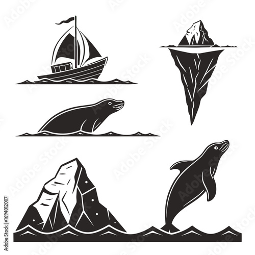 Sailing ship iceberg seal dolphin ocean vector