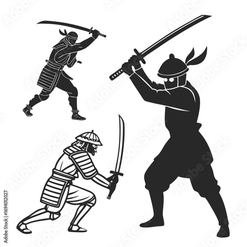 Samurai warriors with swords in action poses katana tant