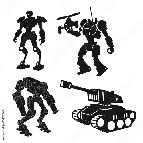 Sci fi robots and tank silhouettes mech futuristic
